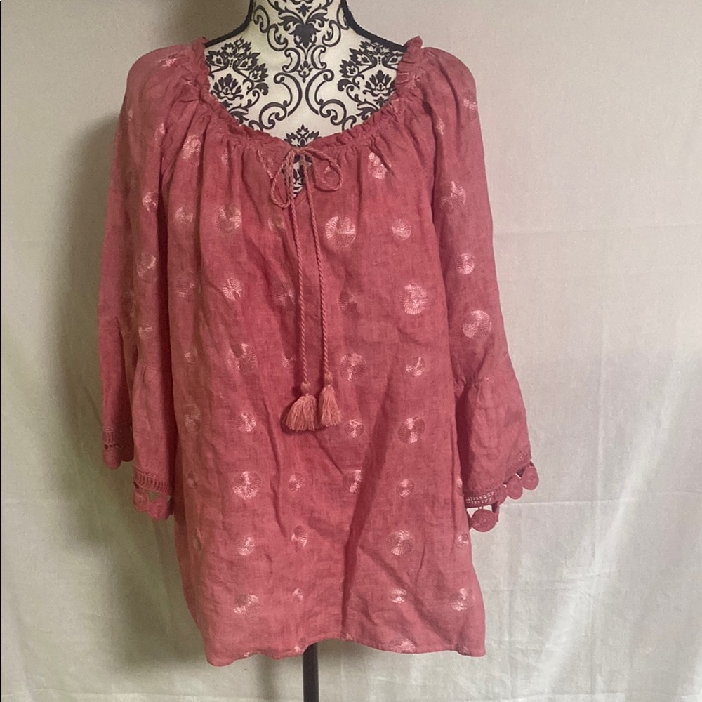 Ali Miles Linen Rose Pink Blouse with embroidered Dot Accent EUC Size 1X Boho